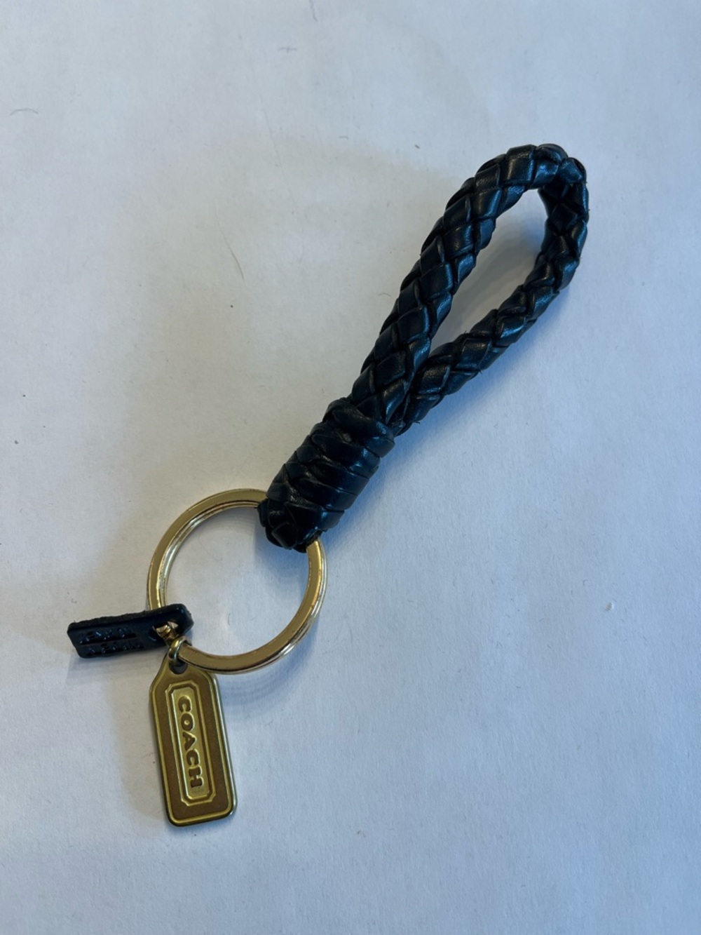 Coach Black Braided Leather Keyring with Gold Hardware Tag